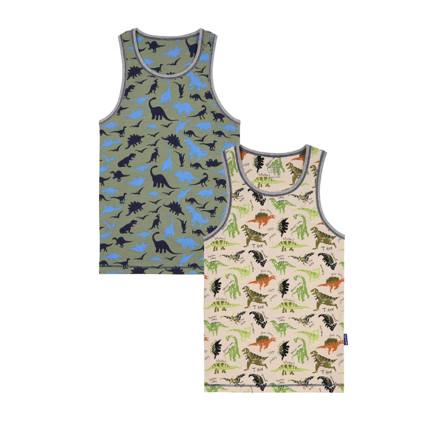 Claesen's hemd set van 2 met dinoprint beige groen Jongens Stretchkatoen Ronde hals 104-110