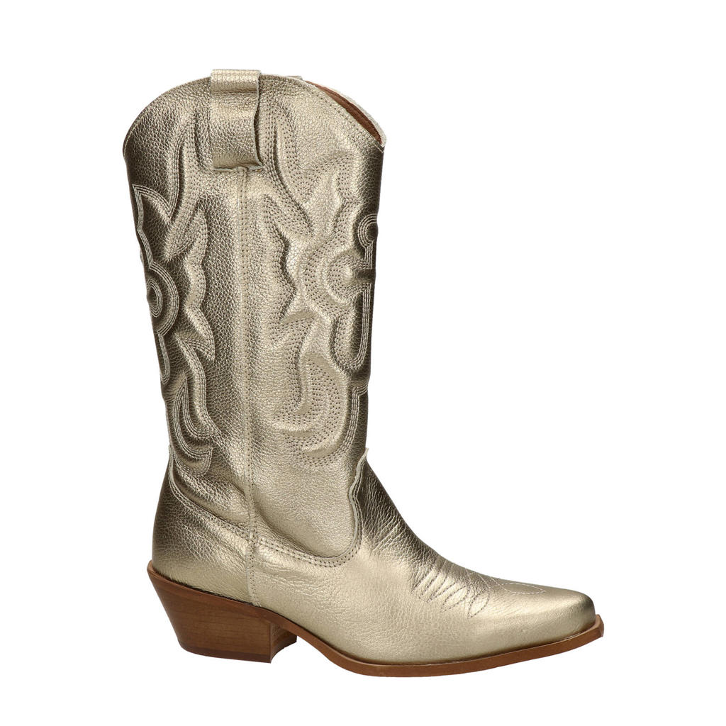 Goud en metallickleurige dames Nelson leren cowboylaarzen met western hak, halve rits en effen