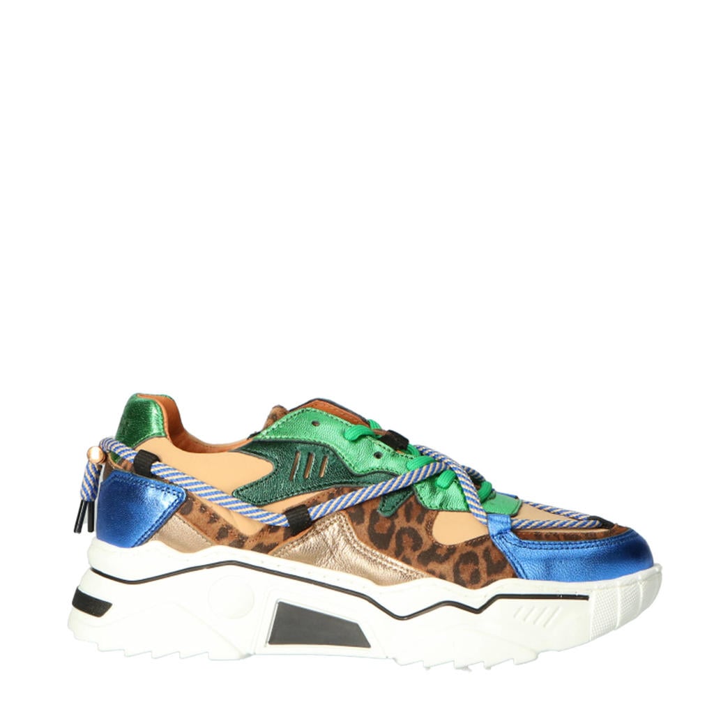 Groen en blauwe dames DWRS Jupiter chunky leren sneakers met veters
