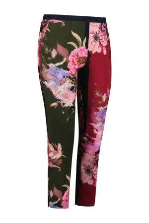 gebloemde cropped slim fit broek van travelstof olijfgroen/rood/roze