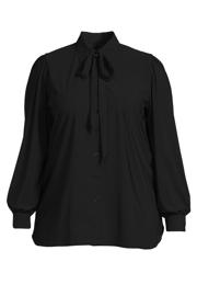 thumbnail: Zwarte dames Plus Basics blouse van travelstof met lange mouwen, klassieke kraag en pofmouwen
