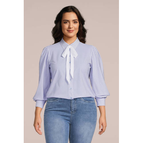 Plus Basics gestreepte blouse van travelstof wit/blauw