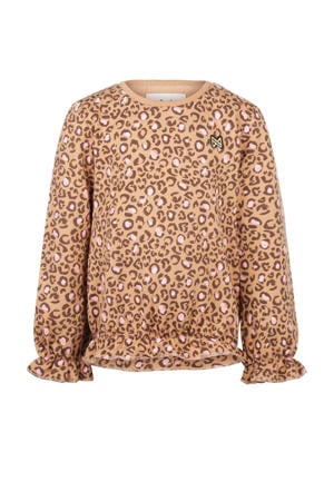 sweater met panterprint en ruches camel