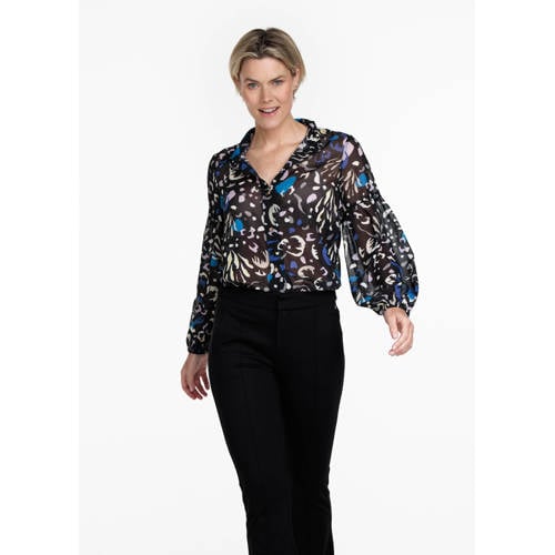 Tramontana semi-transparante blouse met all over print zwart/wit/blauw