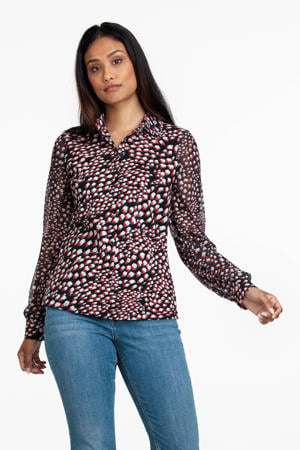 semi-transparante blouse met all over print zwart/rood