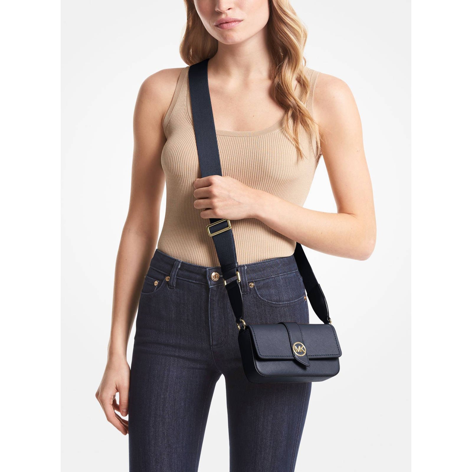 Michael Kors leren crossbody tas Greenwich donkerblauw wehkamp