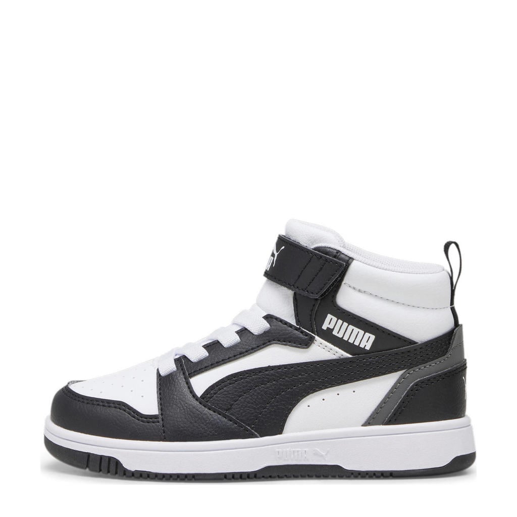 Wit en zwarte jongens en meisjes Puma Rebound V6 Mid sneakers van imitatieleer/voering: mesh/voetbed: eva met elastische veter- met klittenbandsluiting