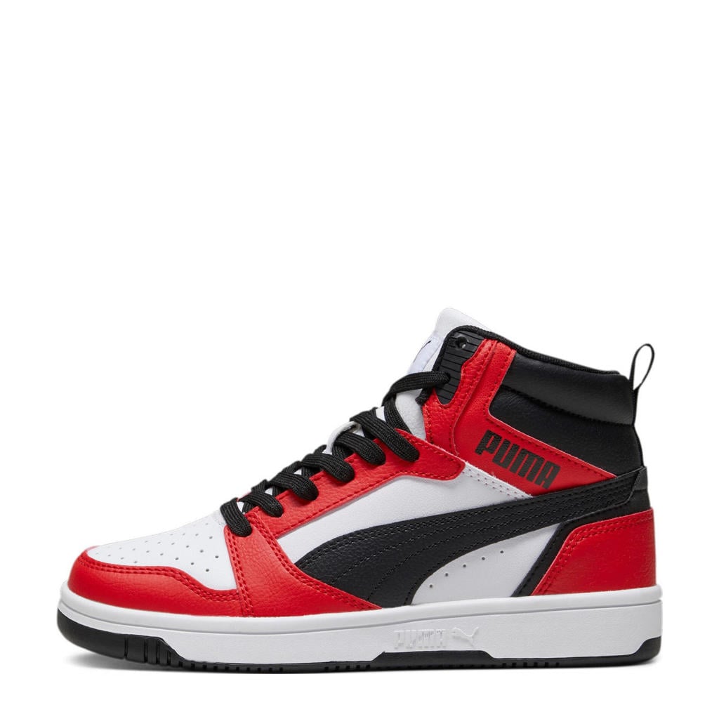 Wit, rood en zwarte jongens en meisjes Puma Rebound V6 Mid sneakers van imitatieleer met veters