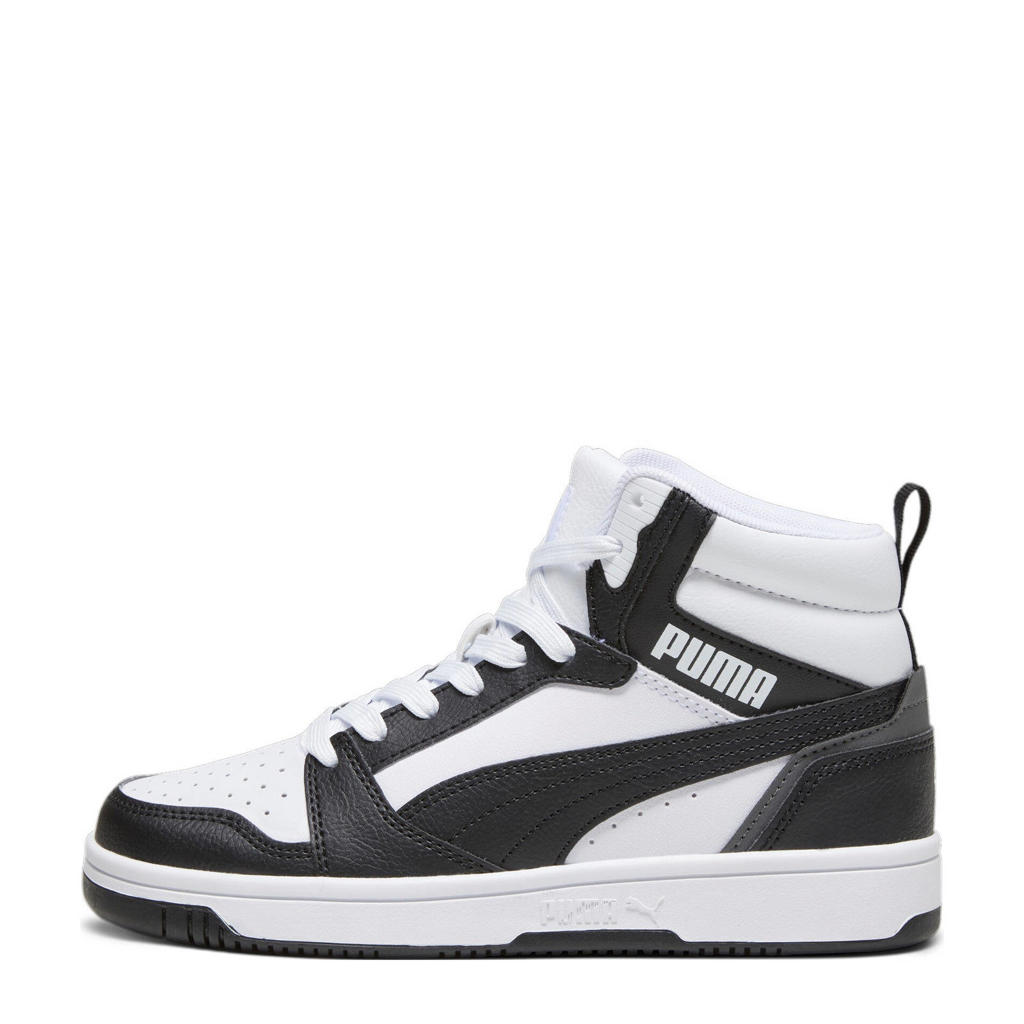 Wit en zwarte jongens en meisjes Puma Rebound V6 Mid sneakers van imitatieleer met veters