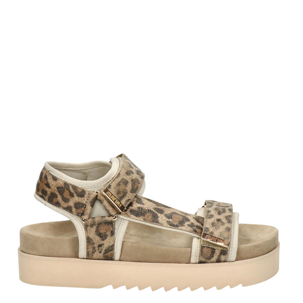 Beige dames Maruti sandalen van textiel met klittenband en panterprint