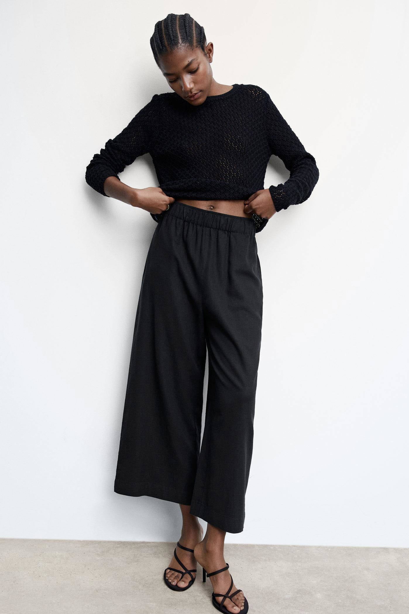 Mango cropped loose fit culotte met linnen zwart | wehkamp