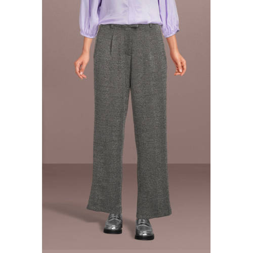 ICHI high waist wide leg pantalon IHKATE STRUCTURE met visgraat grijs