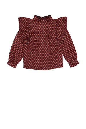 blouse ALEXIA met all over print en ruches wijnrood/zwart