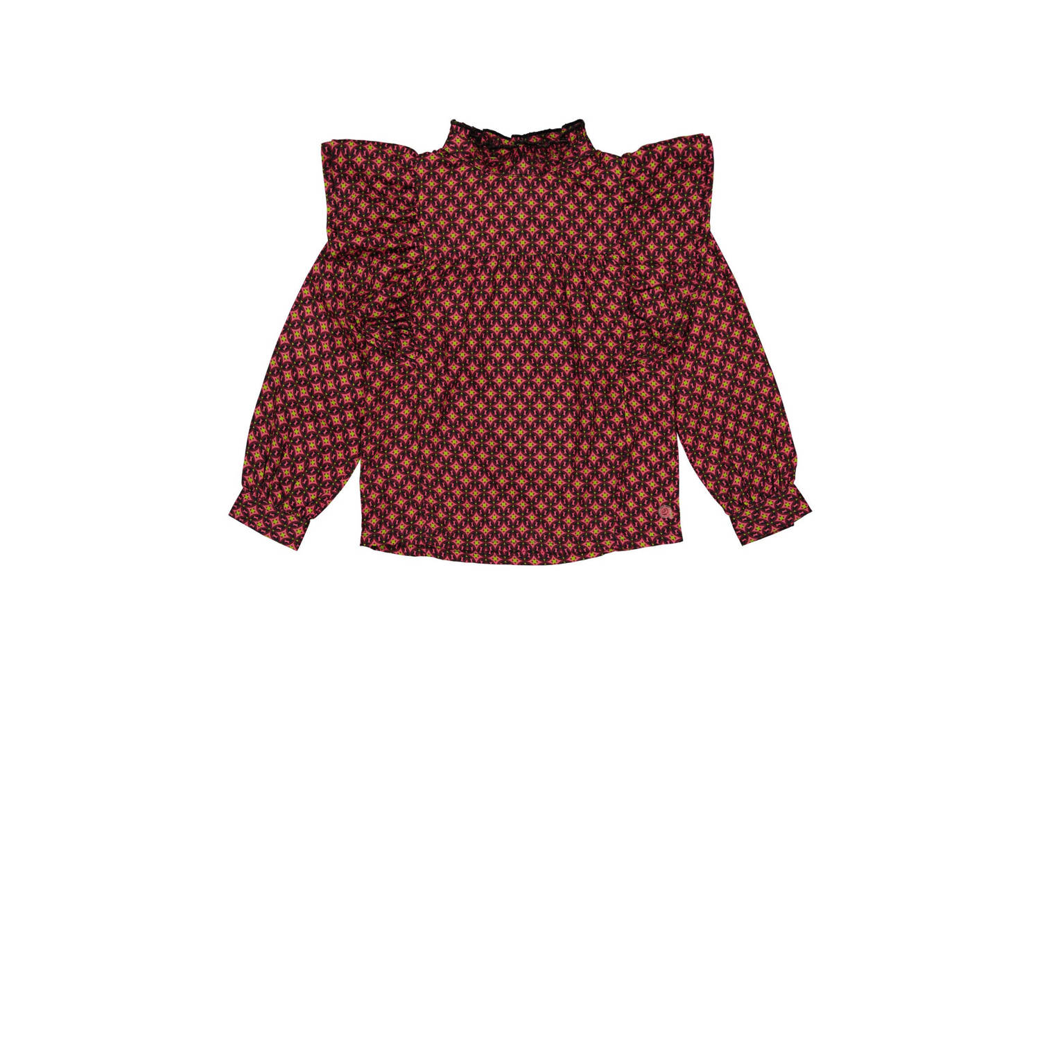 Quapi blouse ALEXIA met all over print en ruches wijnrood zwart