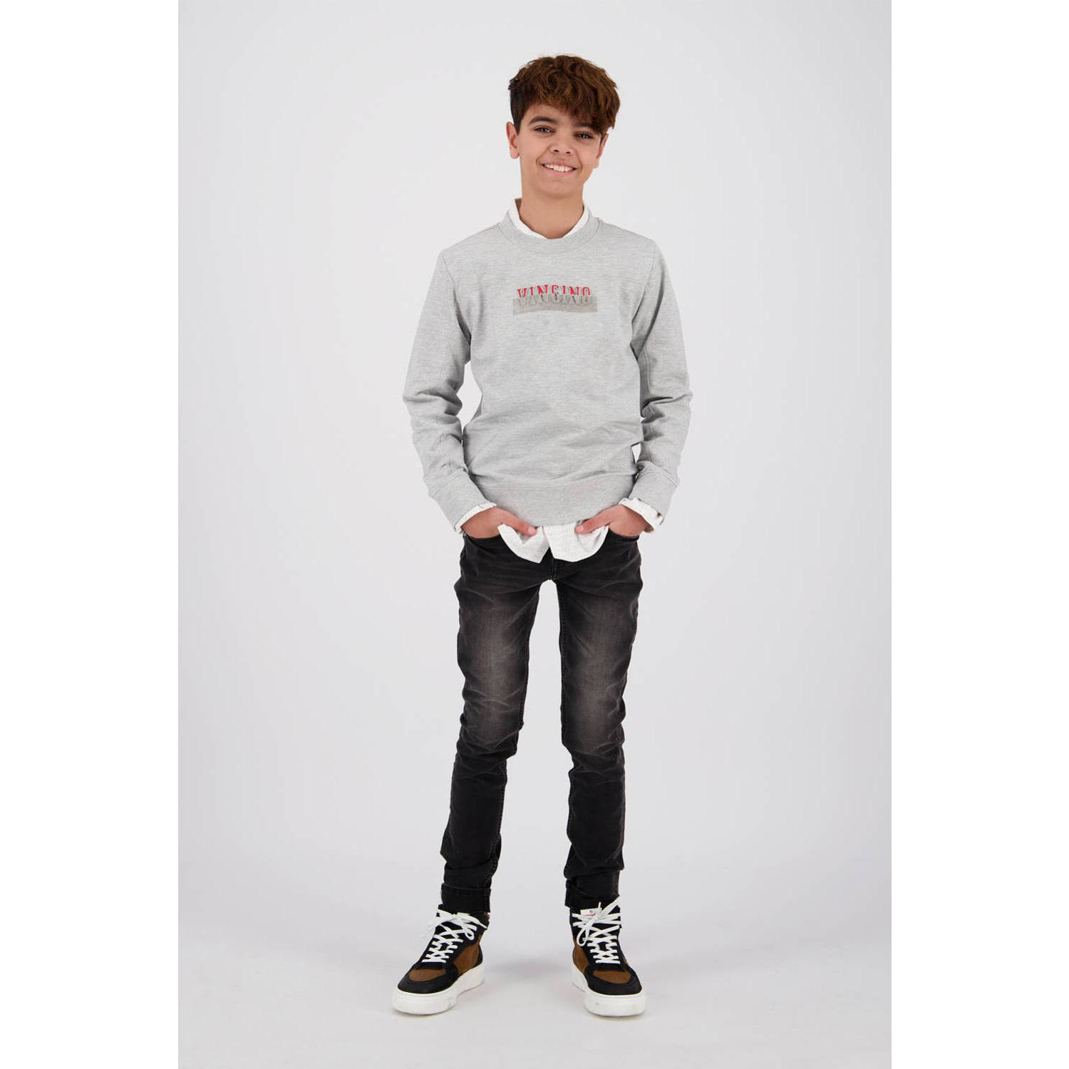 VINGINO sweater Nevohs met logo grijs melange Jongens Stretchkatoen Ronde hals 164