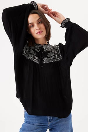 blouse met borduursels zwart/wit