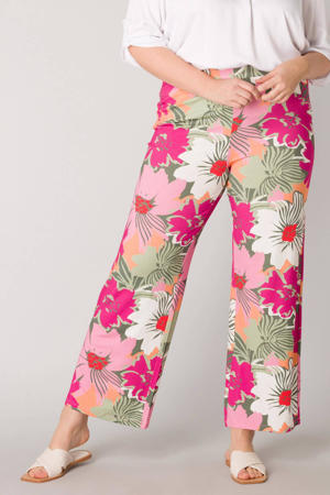 gebloemde high waist wide leg broek roze/groen/wit