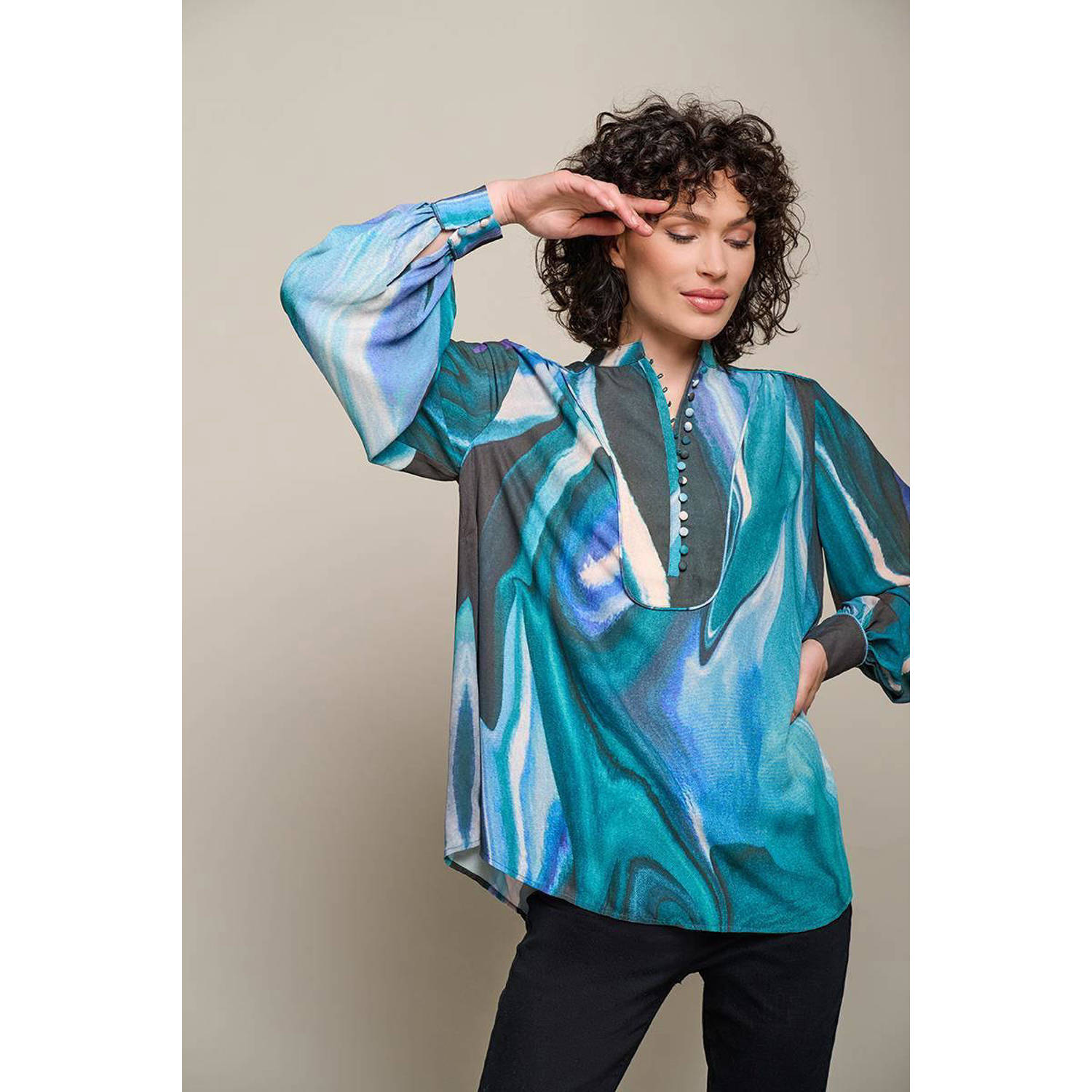 Mart Visser blousetop Simona met all over print en plooien blau ecru paars