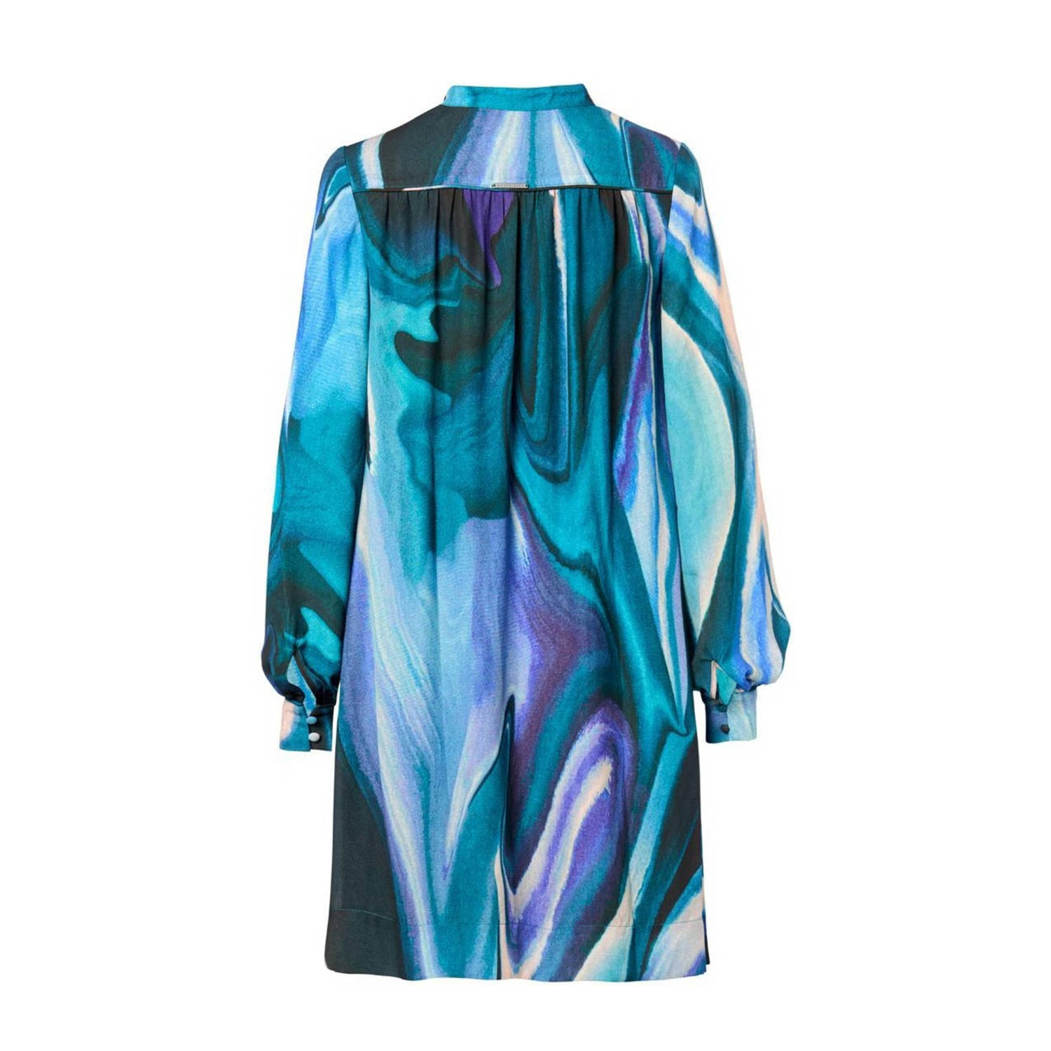 Mart Visser jurk Dhalia met all over print en plooien blauw zwart ecru