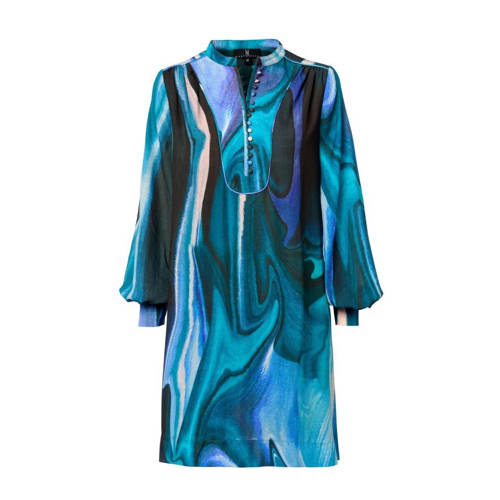 Mart Visser jurk Dhalia met all over print en plooien blauw/zwart/ecru