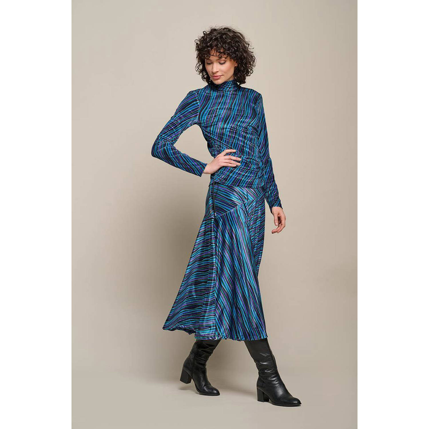 Mart Visser jersey top Ella met all over print en plooien paars turquoise zwart