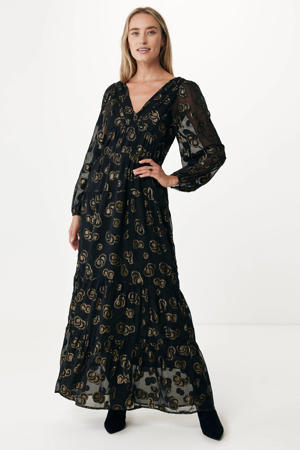 semi-transparante trapeze jurk met all over print met open rug zwart/goud