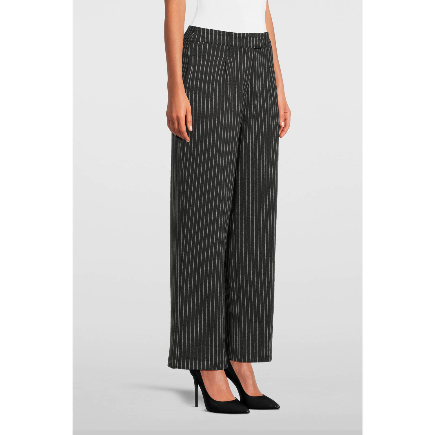 ICHI high waist wide leg pantalon IXKATE met krijtstreep grijs offwhite