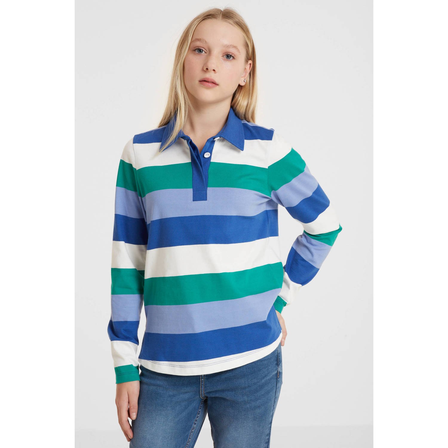 Anytime rugby trui blauw groen Meisjes Katoen Klassieke kraag Streep 110 116