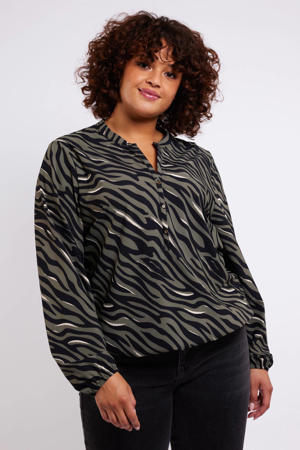 blousetop Rani van travelstof met zebraprint grijsgroen/zwart