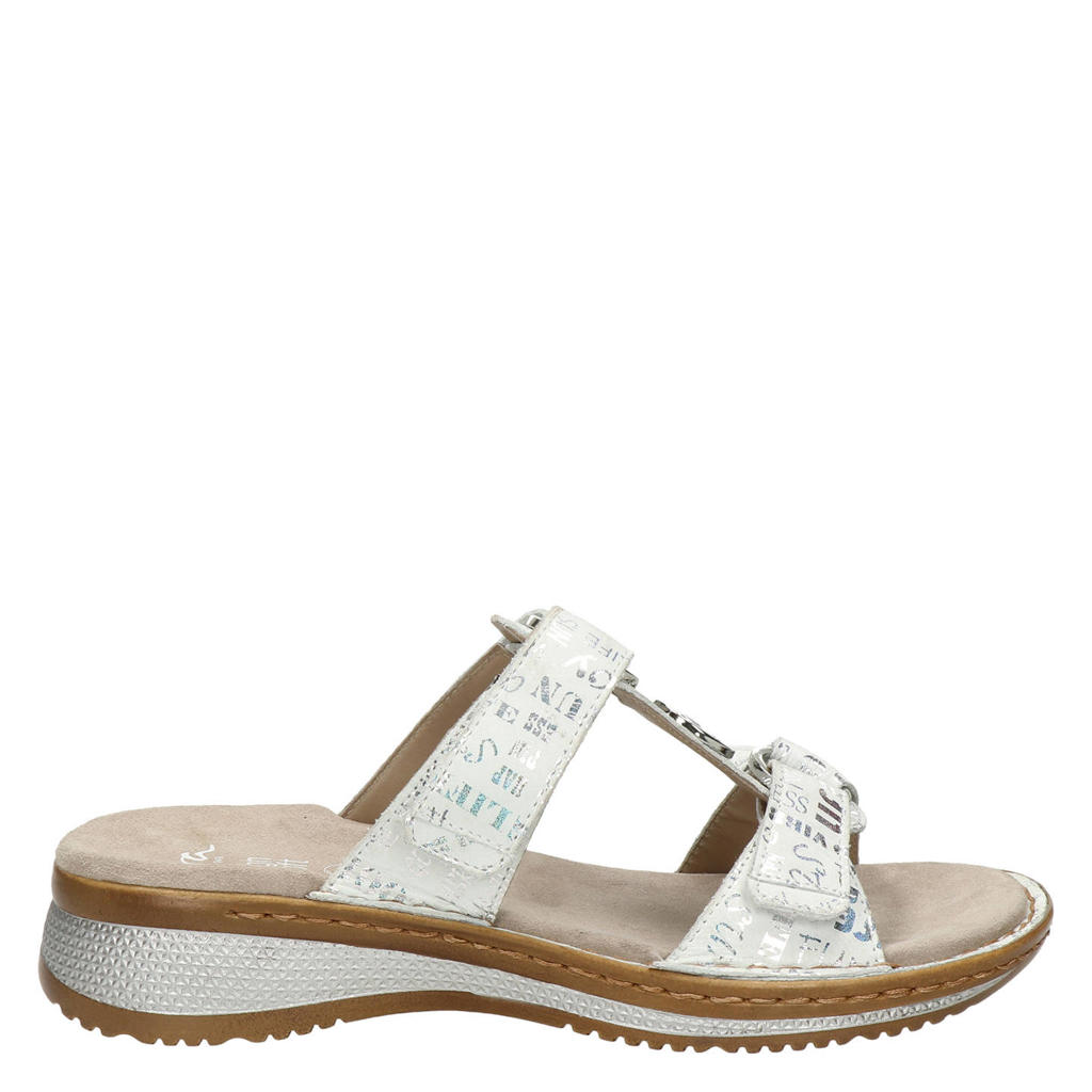 Wit en zilverkleurige dames Ara leren slippers met sleehak, klittenband en all over print