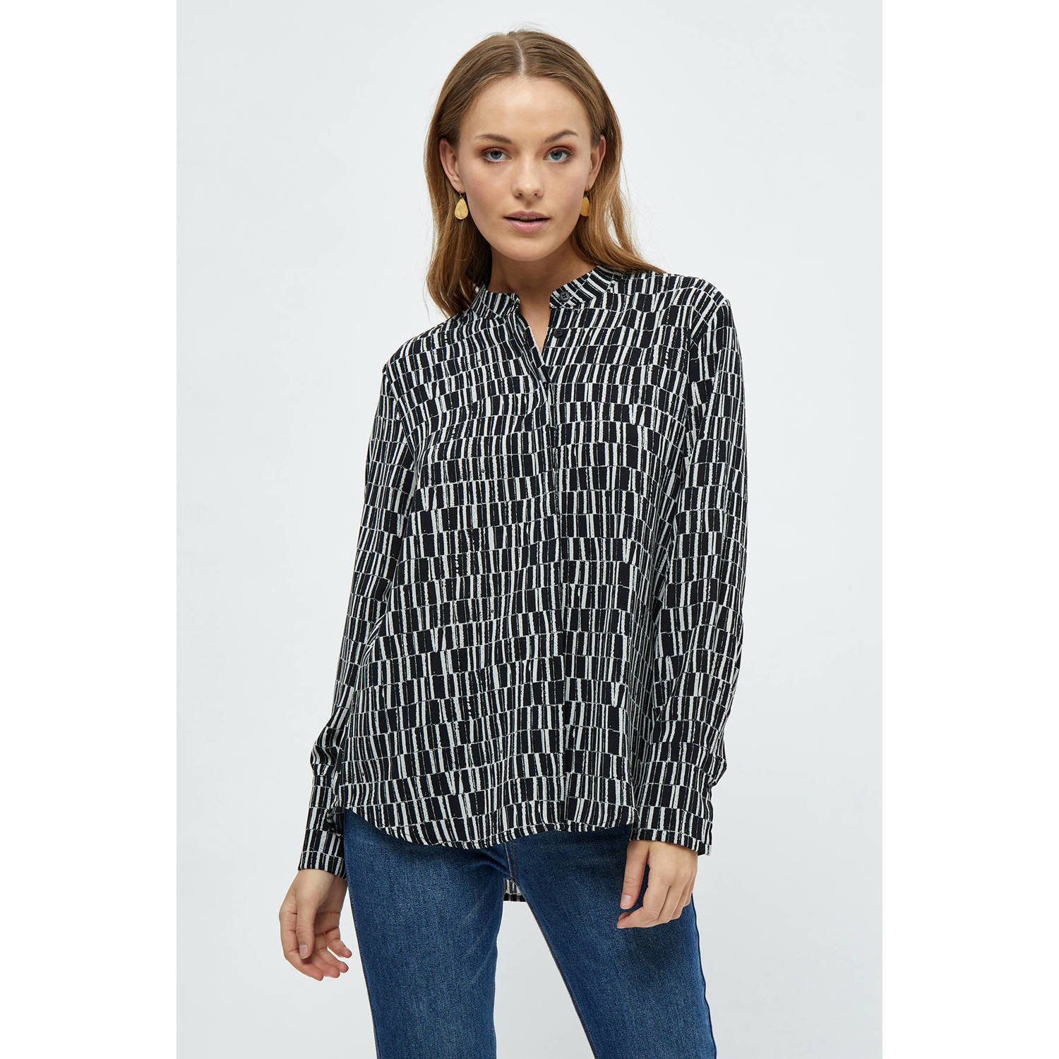 Peppercorn blouse Philippa Long Sleeve Shirt met all over print zwart grijs