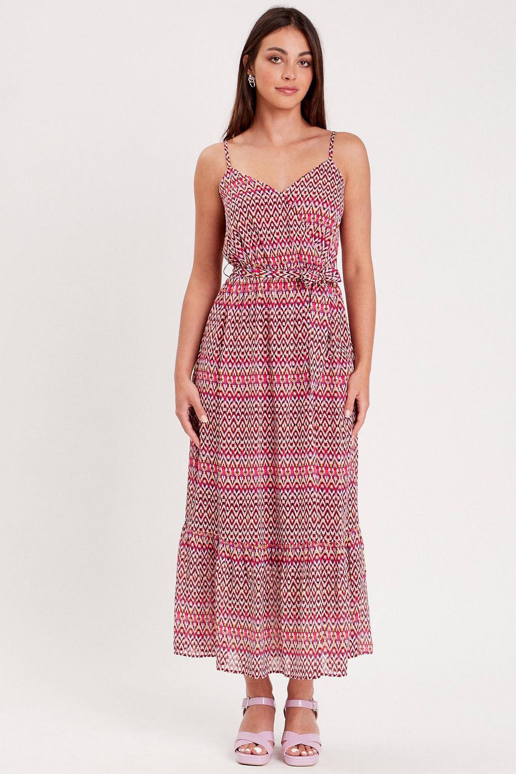 Rood en roze dames Cache Cache maxi jurk met volant met spaghettibandjes en overslagkraag