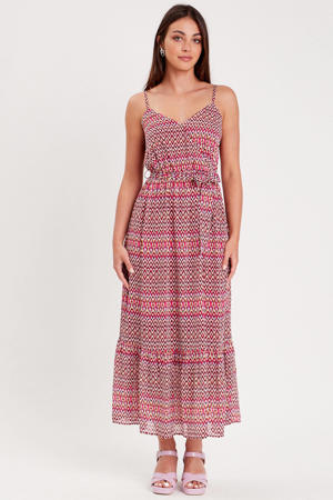 maxi jurk met all over print en volant rood/ roze