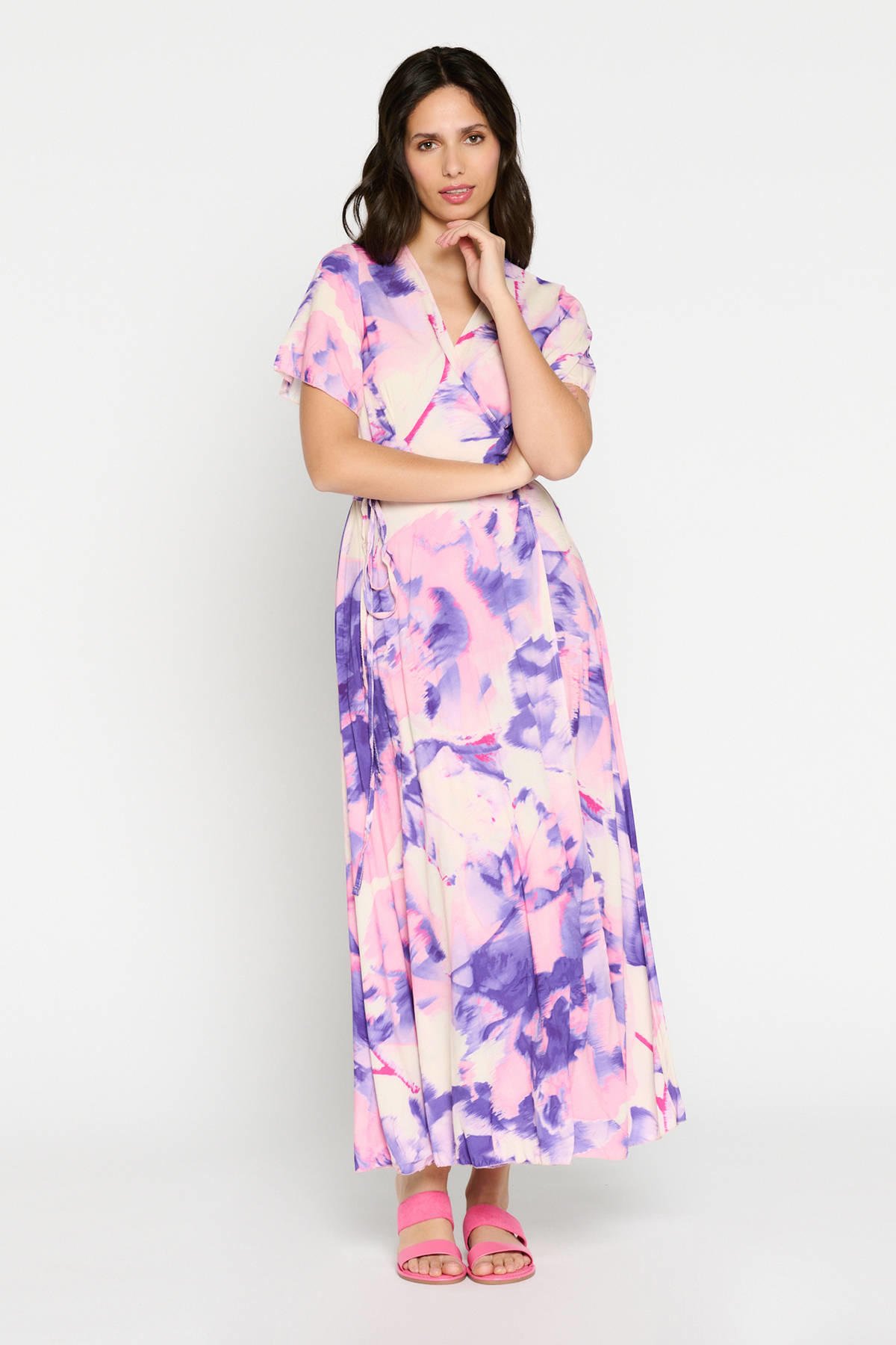 LOLALIZA maxi jurk met all over print roze/paars/ecru wehkamp