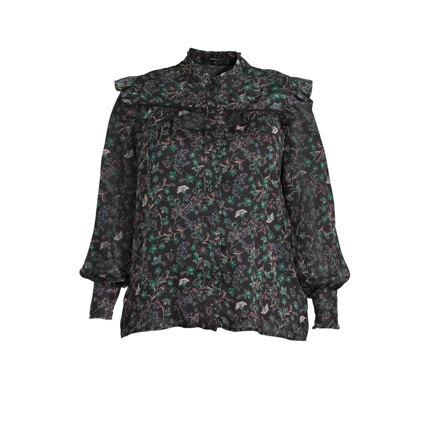 Exxcellent gebloemde semi-transparante blouse Tiffany zwart paars groen