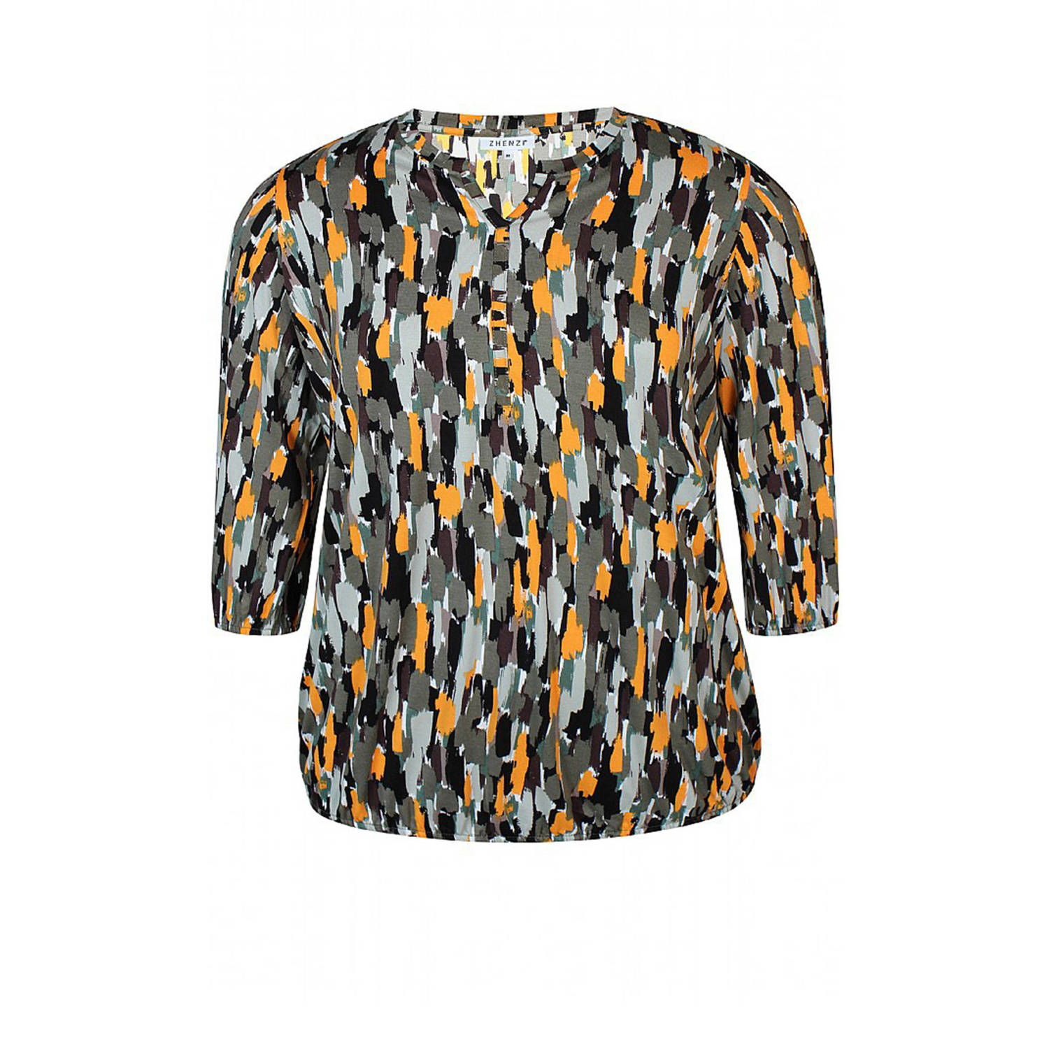 Zhenzi blousetop SYLVA met all over print olijfgroen oranje zwart