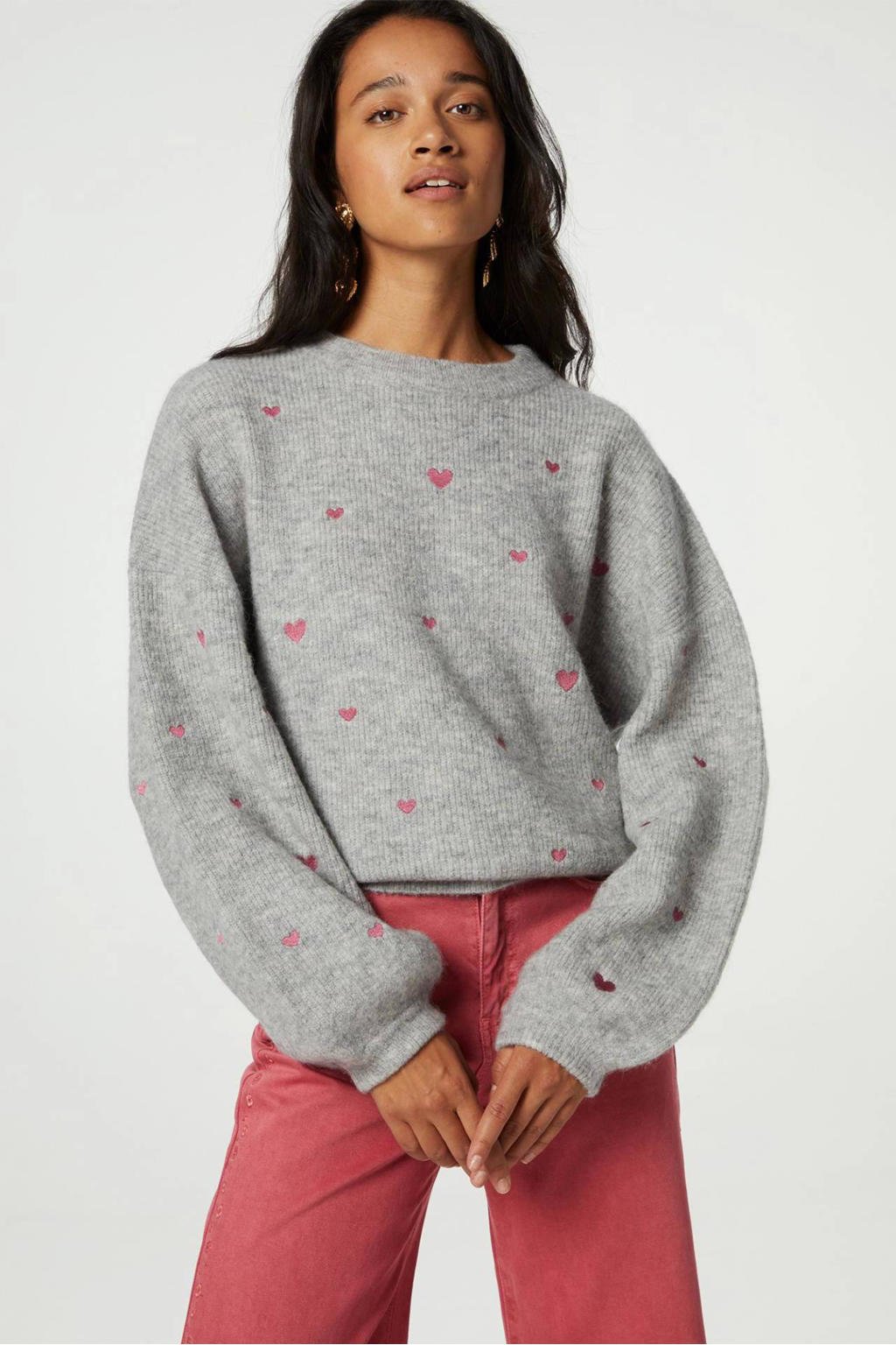 Fabienne Chapot trui Lidia met wol en hartjes grijs/roze | wehkamp
