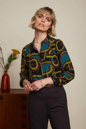 blouse Carina met all over print en plooien groen/zwart