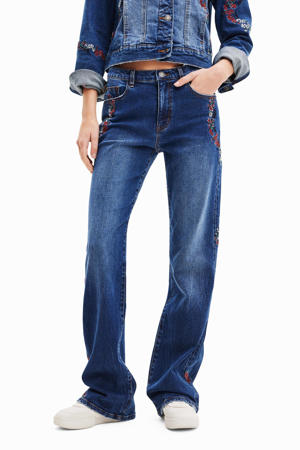 straight fit jeans met borduursels dark blue denim