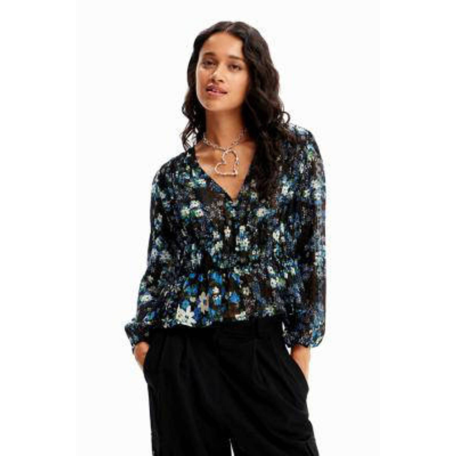 Desigual gebloemde semi-transparante blousetop zwart blauw wit