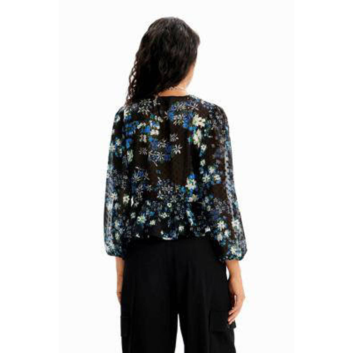 Desigual gebloemde semi-transparante blousetop zwart blauw wit