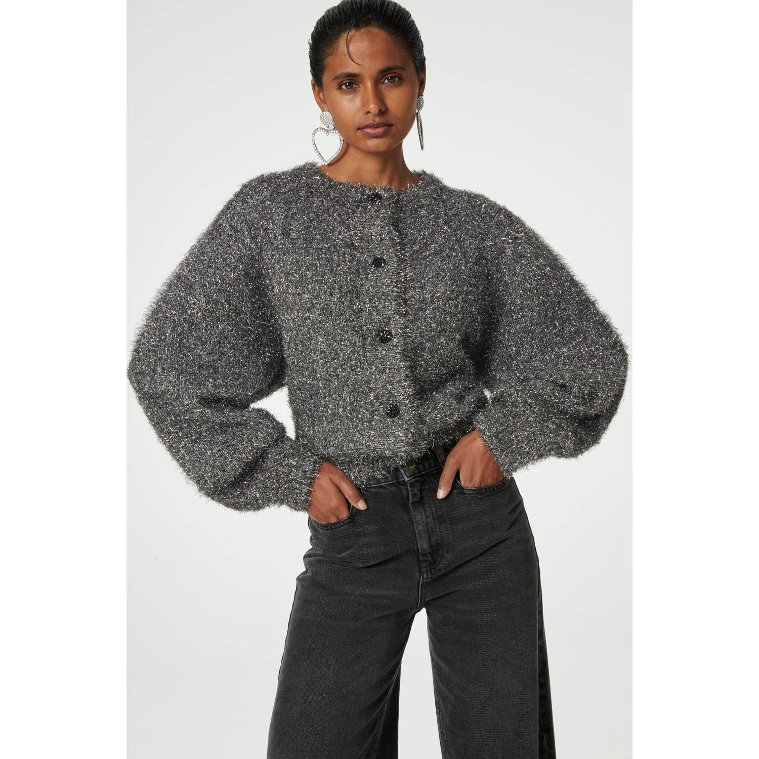 Fabienne Chapot Glitter Kitty Cardigan met elastische boorden Gray Dames