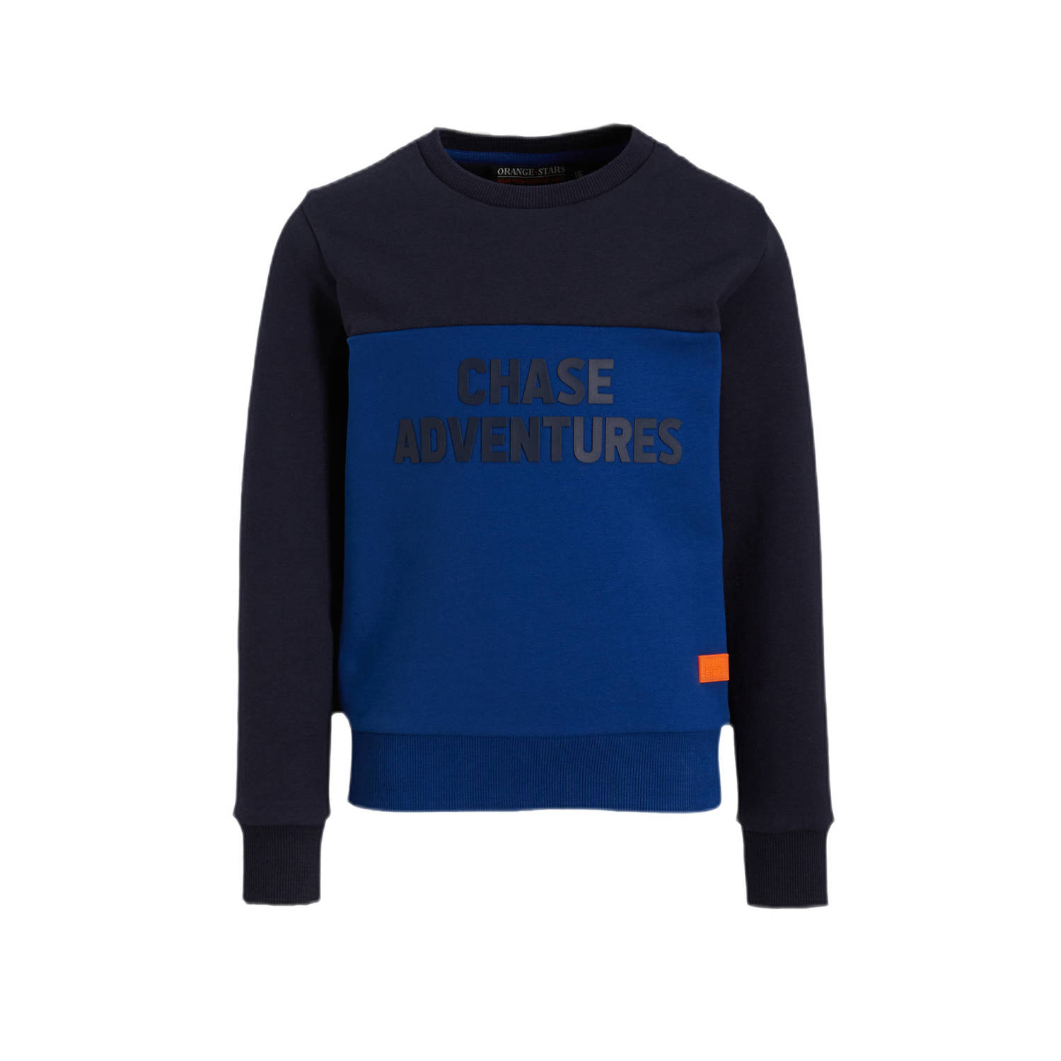 Orange Stars sweater Nikos met tekstopdruk blauw
