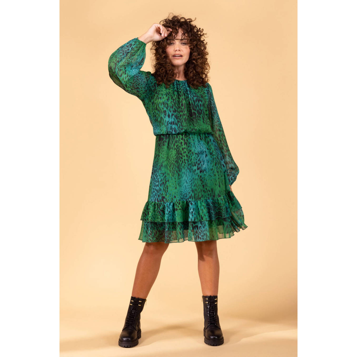 LabeL DOT jurk Silke met panterprint groen blauw