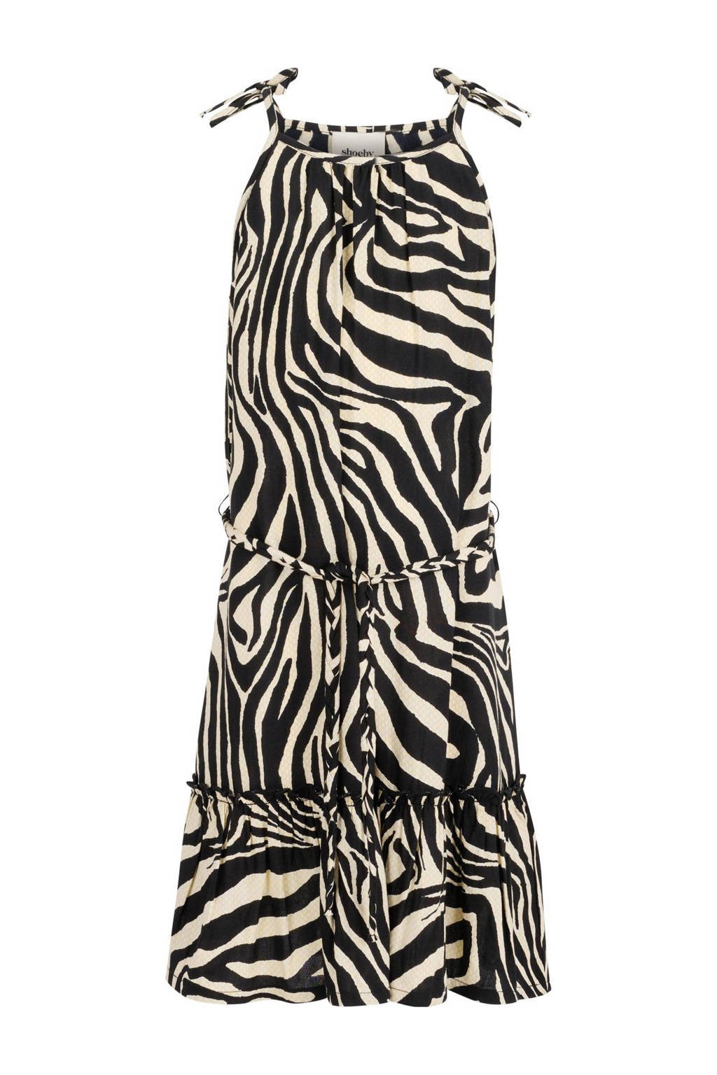Shoeby halter jurk met zebraprint en plooien zwart/ecru wehkamp - Main Image