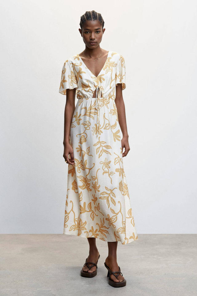 Mango jurk met bladprint open detail ecru/beige | wehkamp
