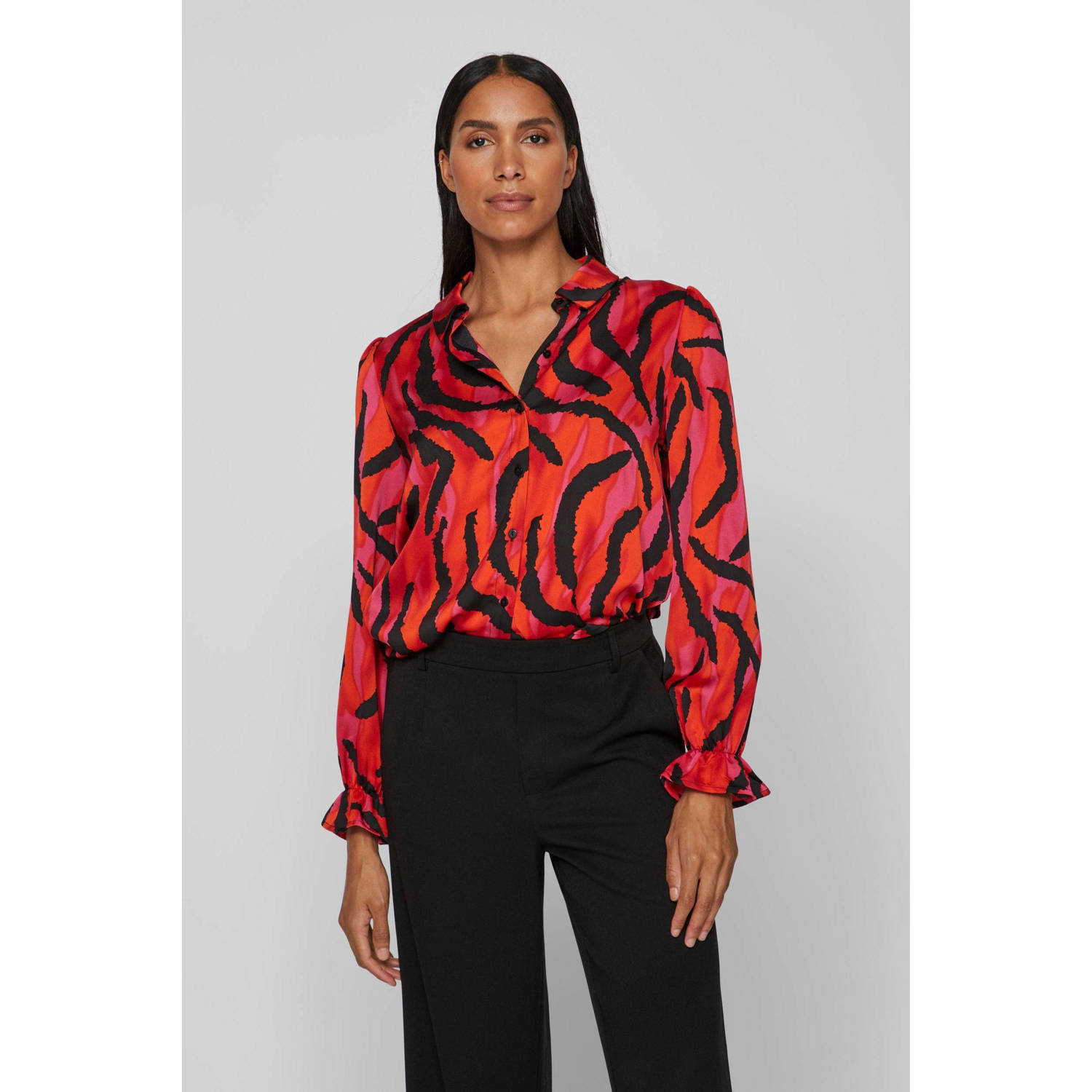 VILA blouse VIELLETTE van gerecycled polyester rood oranje zwart