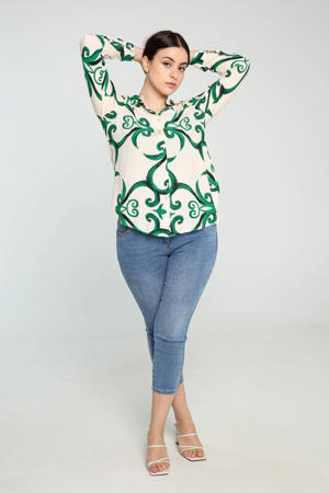 blouse met all over print ecru/groen