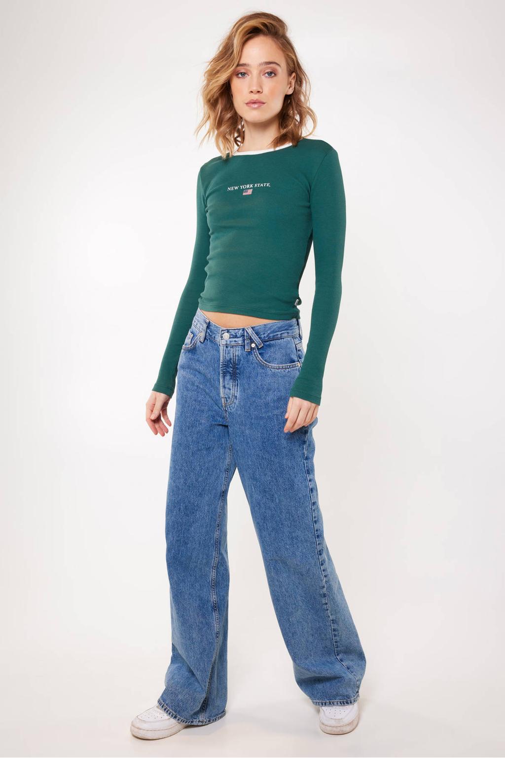 Dark blue denim dames America Today high waist wide leg jeans van katoen met knoopsluiting en effen