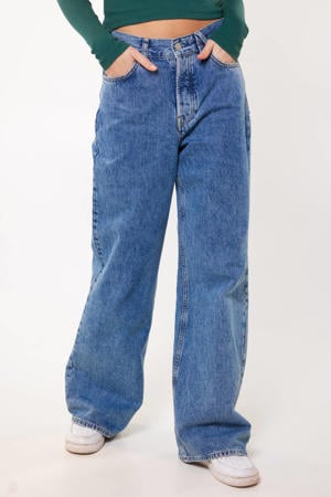 high waist wide leg jeans medium blue denim